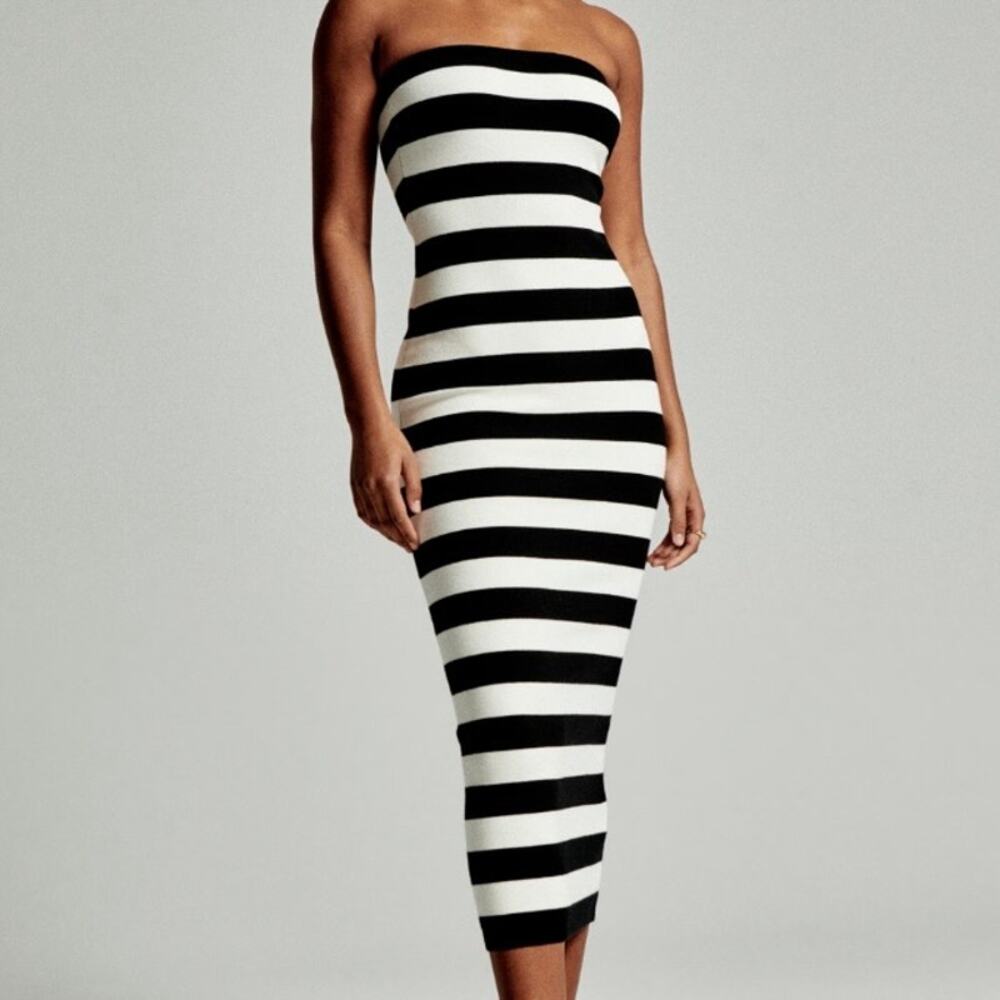 ABERCROMBIE & FITCH | NWOT Black White Striped Strapless Bodycon Midi Dress | XL
